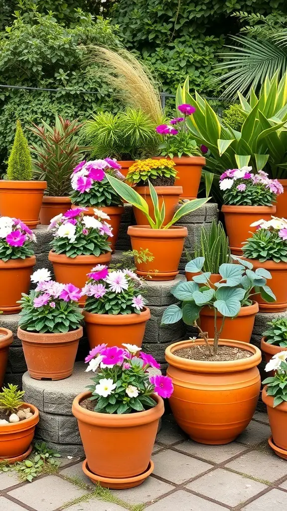 Colorful terracotta pots arranged with various flowers in a garden setting.