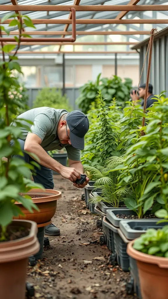 A person tending to plants in a greenhouse, surrounded by various containers.