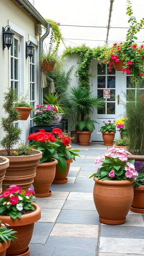 A pathway lined with terracotta pots filled with colorful flowers, creating a vibrant and inviting atmosphere.