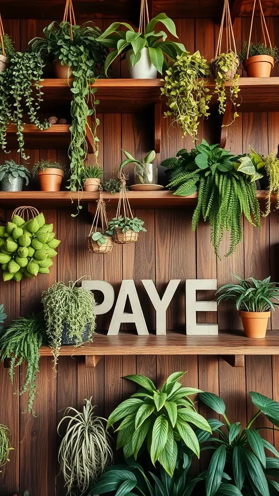 Rustic wooden shelves filled with various hanging plants and a decorative sign.