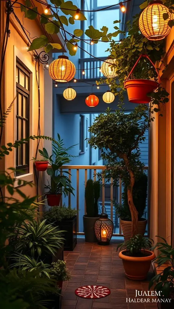 A small balcony garden with string lights and colorful lanterns, showcasing plants and a cozy atmosphere.