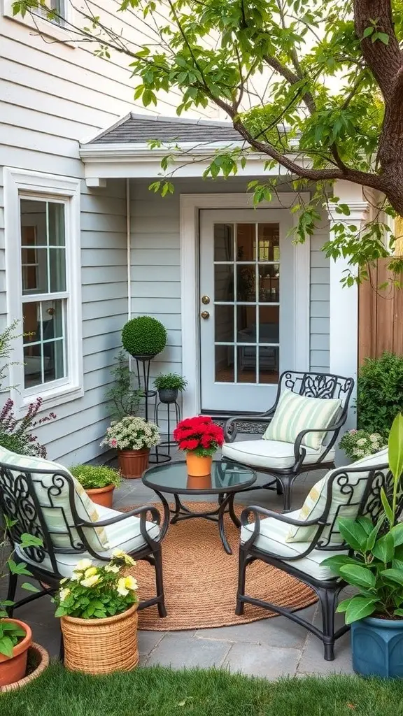 Cozy outdoor seating area with chairs, a table, and potted plants.