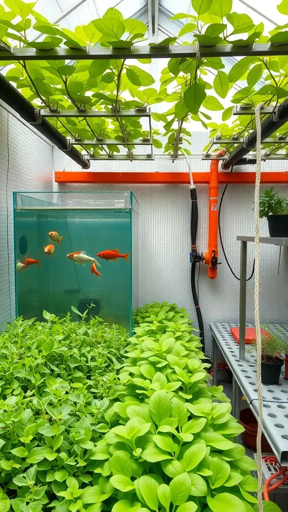 An aquaponic greenhouse featuring a fish tank and lush green plants.