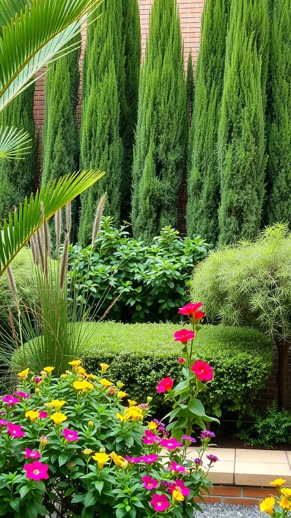 A lush courtyard featuring tall evergreen trees against a brick wall, surrounded by colorful flowers in shades of pink and yellow.