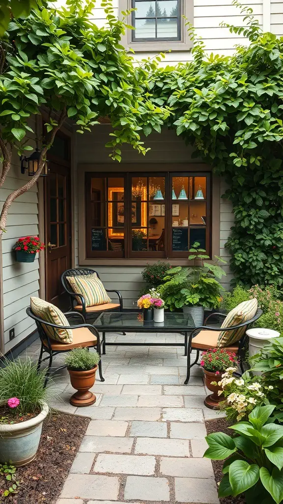 Cozy outdoor seating area in a front garden with green plants and a glass table.