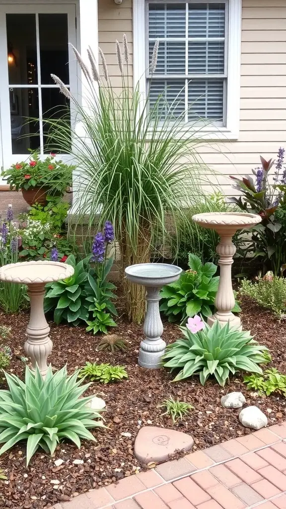 A front garden featuring decorative gnomes, statues, and vibrant flowers.