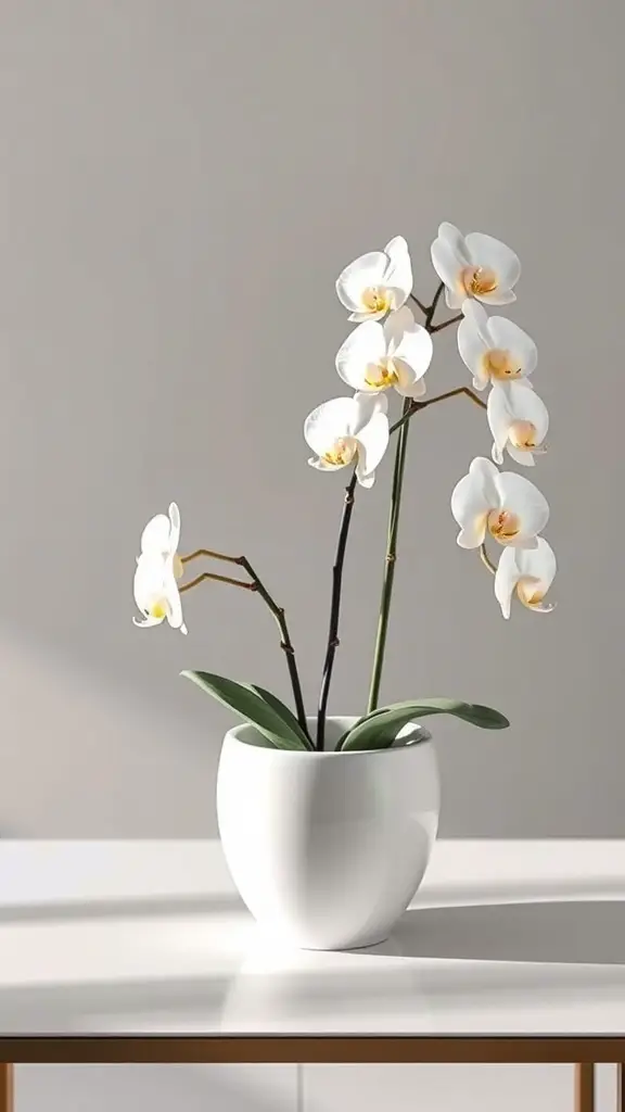 A beautiful display of white orchids in a modern pot on a table.