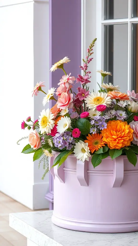 A vibrant flower box filled with a mix of colorful flowers including daisies, roses, and gerbera daisies, set against a light background.