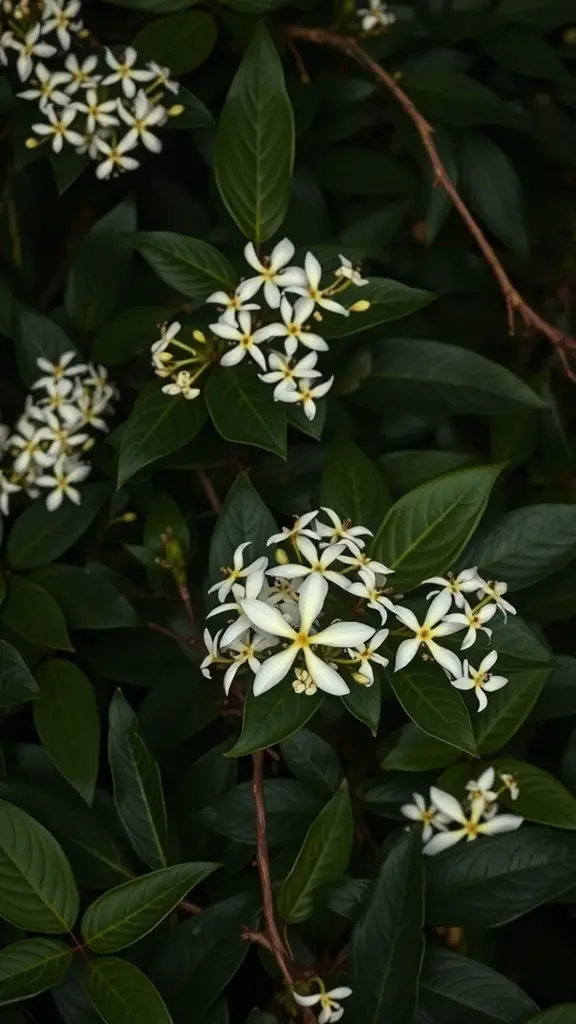 Close-up of night-blooming jasmine flowers surrounded by green leaves.