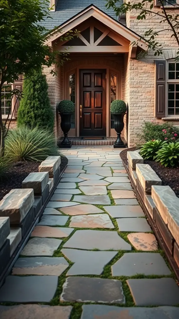 A stone pathway leading to a front door, surrounded by greenery and elegant planters.