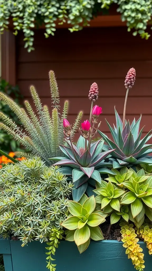 A vibrant flower box featuring various succulents and greenery, showcasing layering techniques for depth and texture.