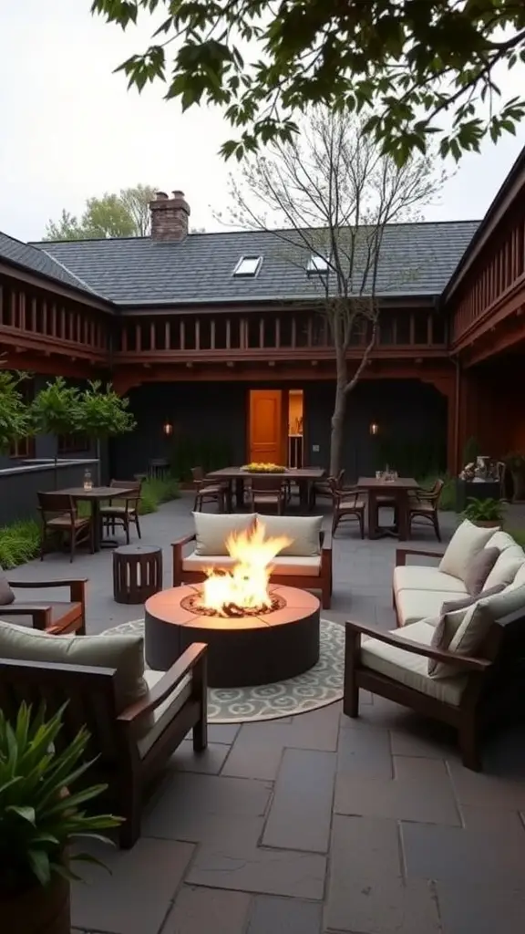 Cozy courtyard with seating around a fire pit, perfect for gatherings.