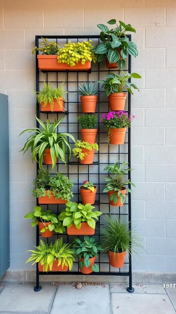 Vertical container garden with various plants in terracotta pots arranged on a metal frame.