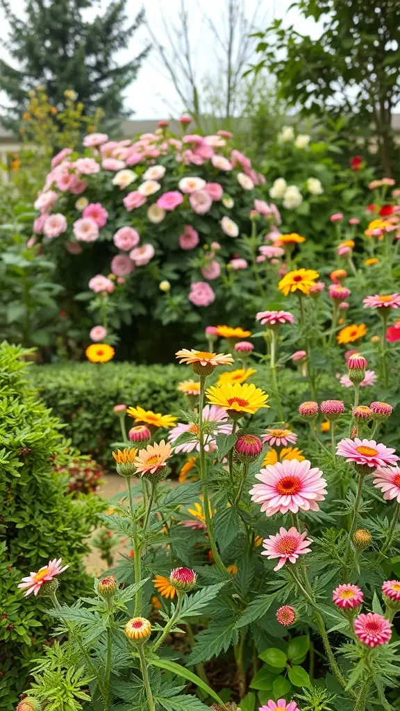 A colorful garden filled with various flowers including daisies and zinnias, surrounded by lush greenery.