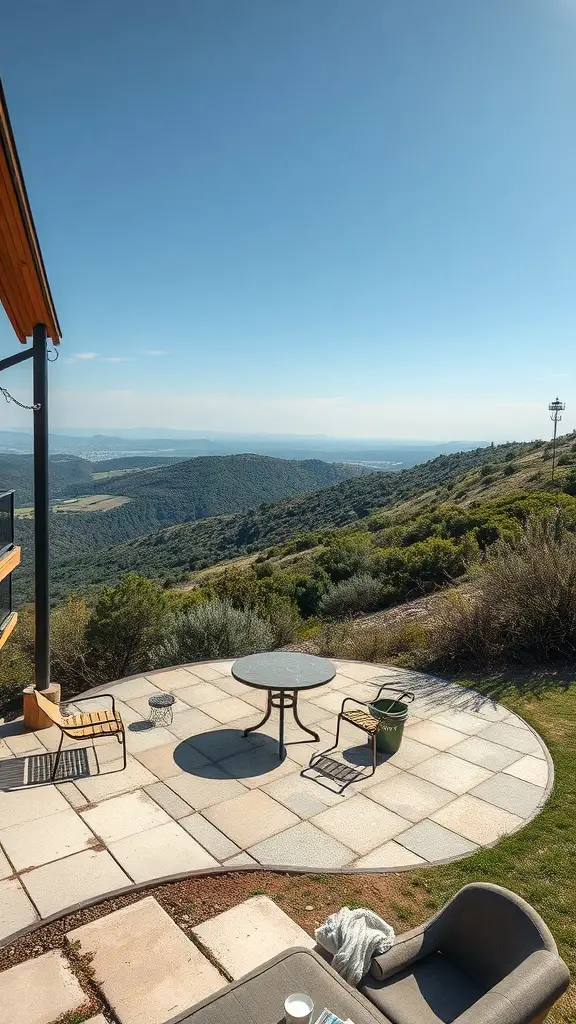 A scenic patio space on a sloped yard with a table and chairs overlooking rolling hills.