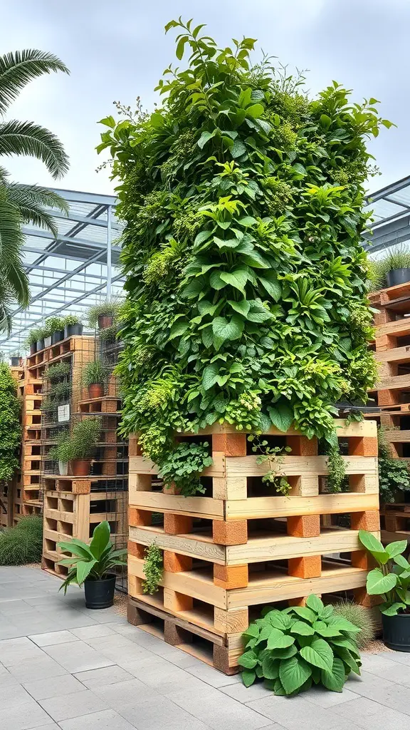 A vertical garden made from stacked wooden pallets, featuring lush green plants.