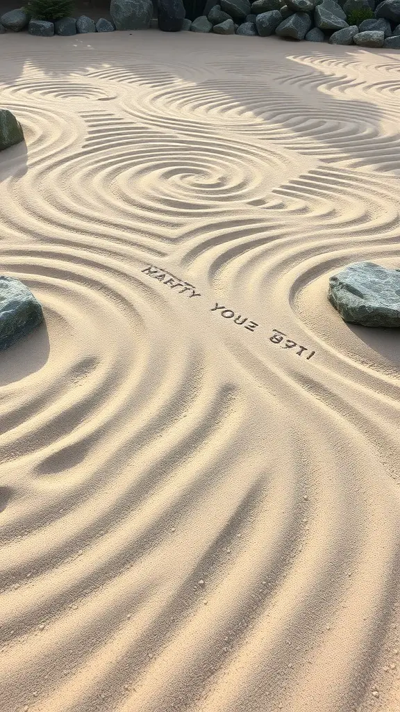 A zen garden with minimalist sand patterns and stones.