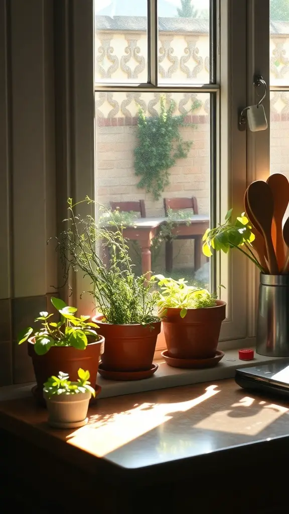 A sunny kitchen window with various potted herbs on the sill.