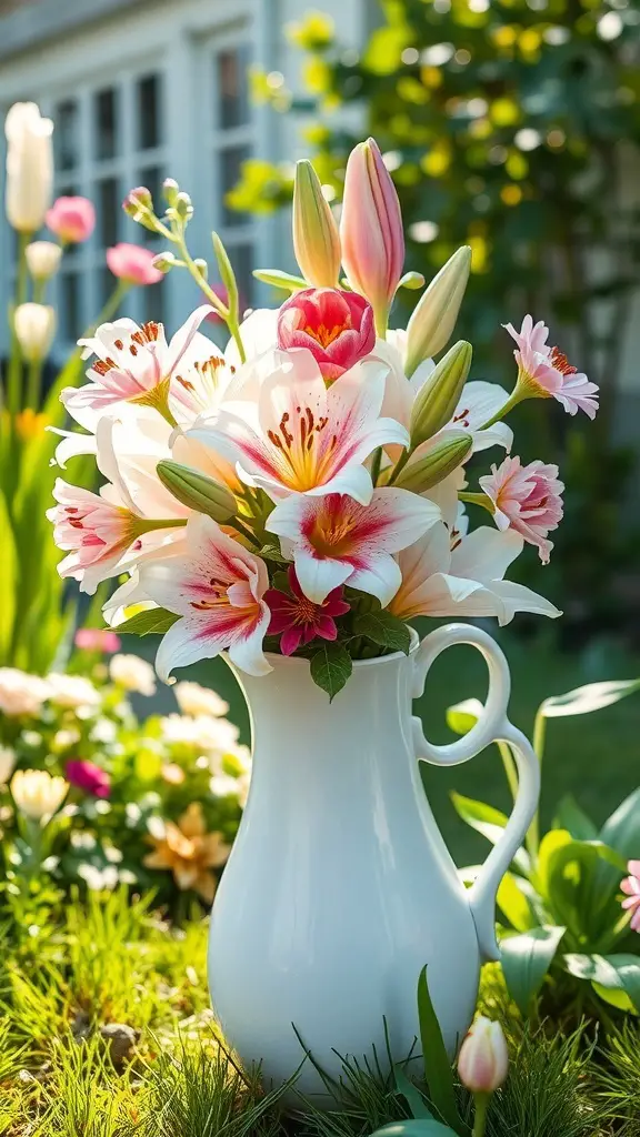 A pastel lily bouquet in a white pitcher, surrounded by greenery and smaller flowers in a garden setting.
