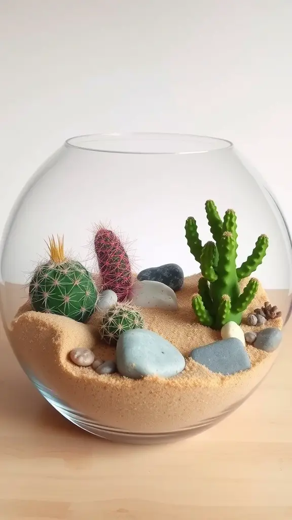 A Desert Oasis Terrarium featuring various cacti, sand, and pebbles in a glass container.