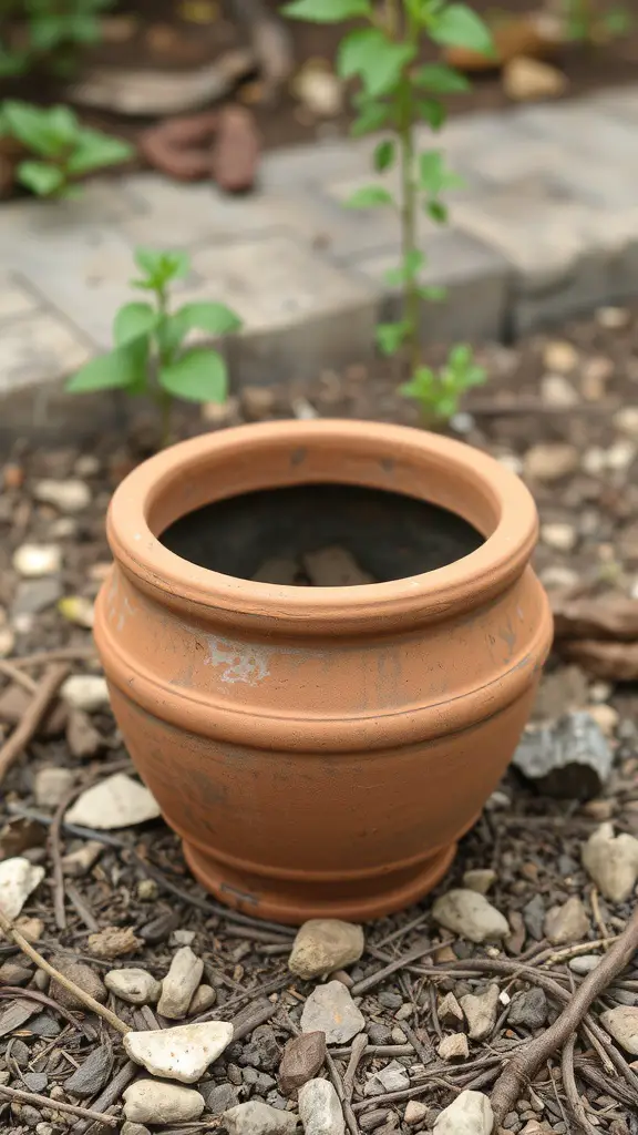 A weathered terracotta pot on the ground surrounded by stones and plants.
