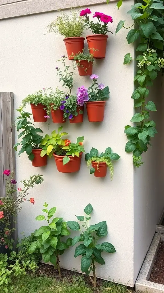 A wall with terracotta pots filled with colorful plants, showcasing a vertical gardening design.