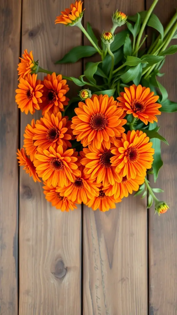 A vibrant bouquet of orange zinnias on a wooden surface.