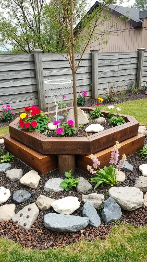 Aesthetic raised garden bed design with colorful flowers and stones