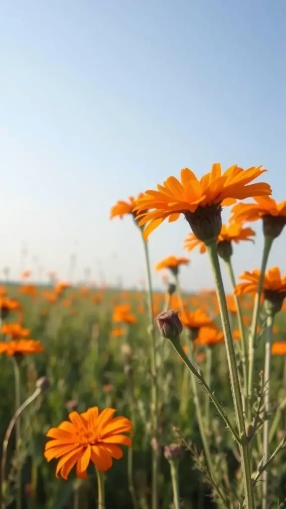 A field of bright orange safflower flowers under a clear sky.