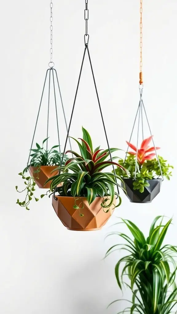 Three geometric hanging planters in different colors with various plants.