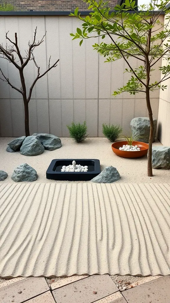 A serene Zen garden featuring smooth sand, rocks, and minimal greenery.