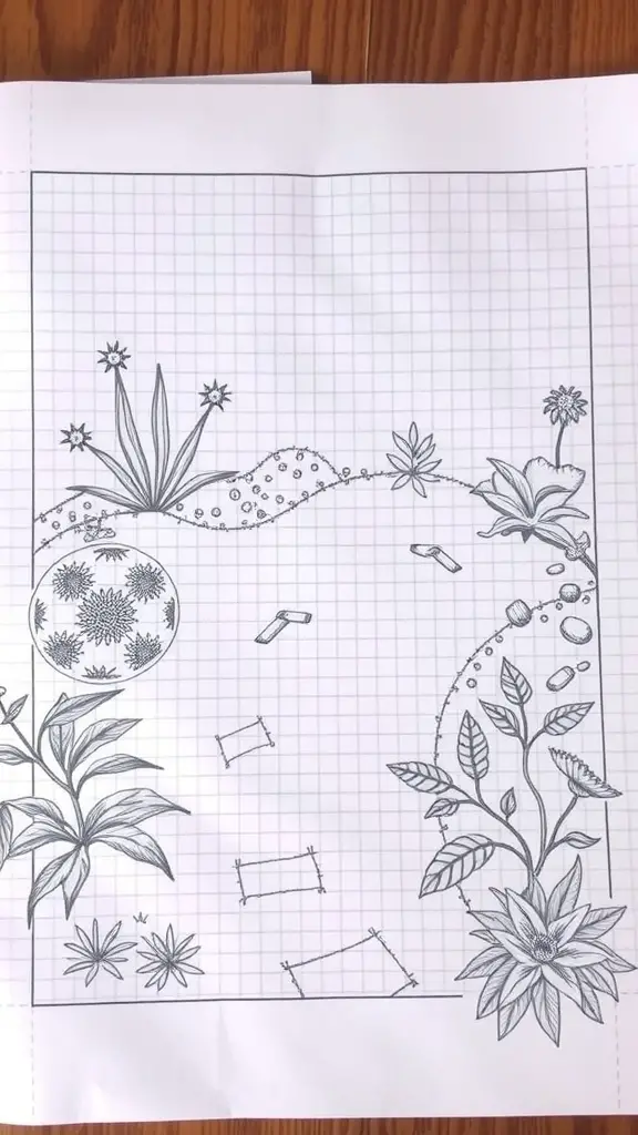 Sketch of a garden layout on graph paper, featuring various plants and pathways.