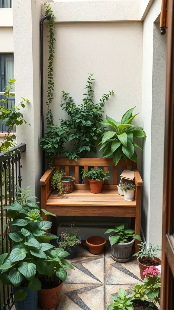 A small balcony garden featuring a wooden bench surrounded by various potted plants.