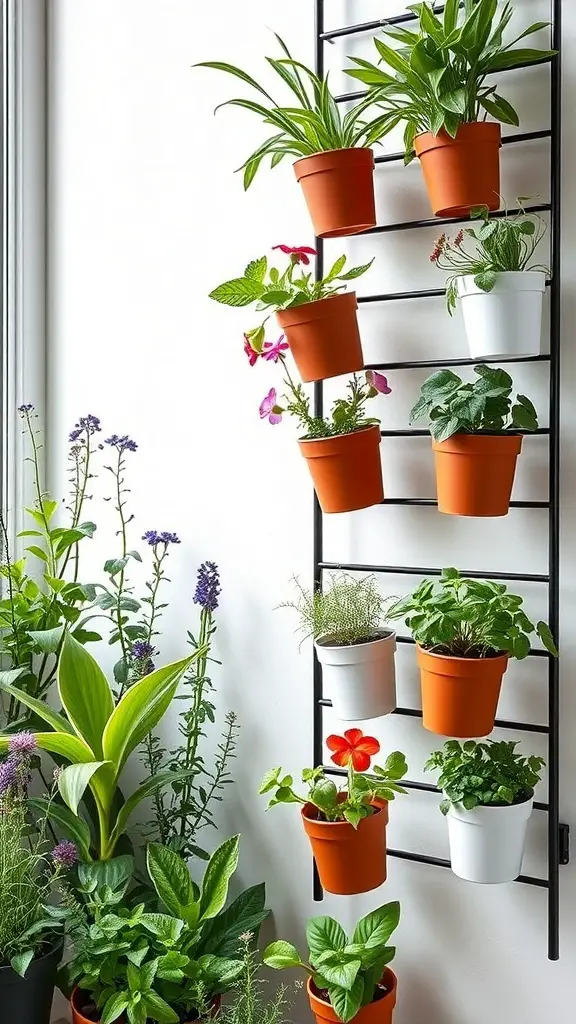 A vertical planter with multiple pots arranged on a black frame, featuring various plants.