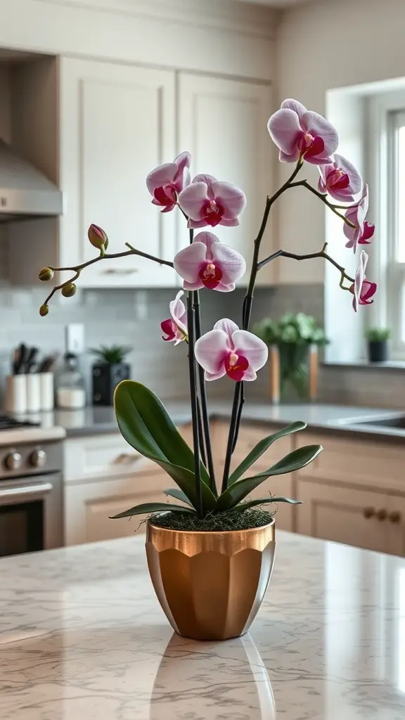 A beautiful pink orchid in a gold pot on a kitchen countertop.