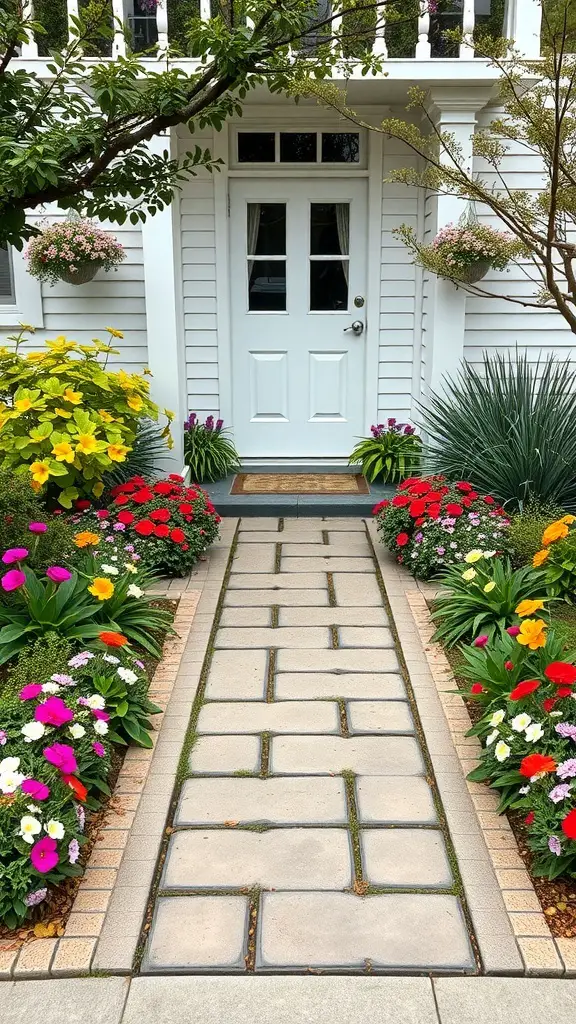 A front garden with colorful flowers and a pathway leading to a white door.