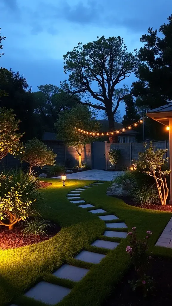 A beautifully lit backyard with a stone path, string lights, and lanterns illuminating the plants and lawn.