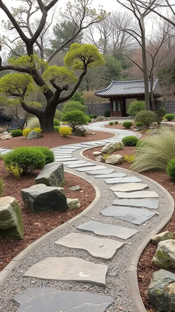 A winding pathway made of stone slabs in a zen garden, surrounded by greenery and rocks.
