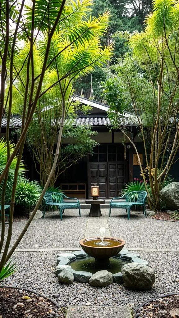 A serene Japanese garden featuring a water fountain, stone arrangements, and comfortable seating surrounded by lush greenery.