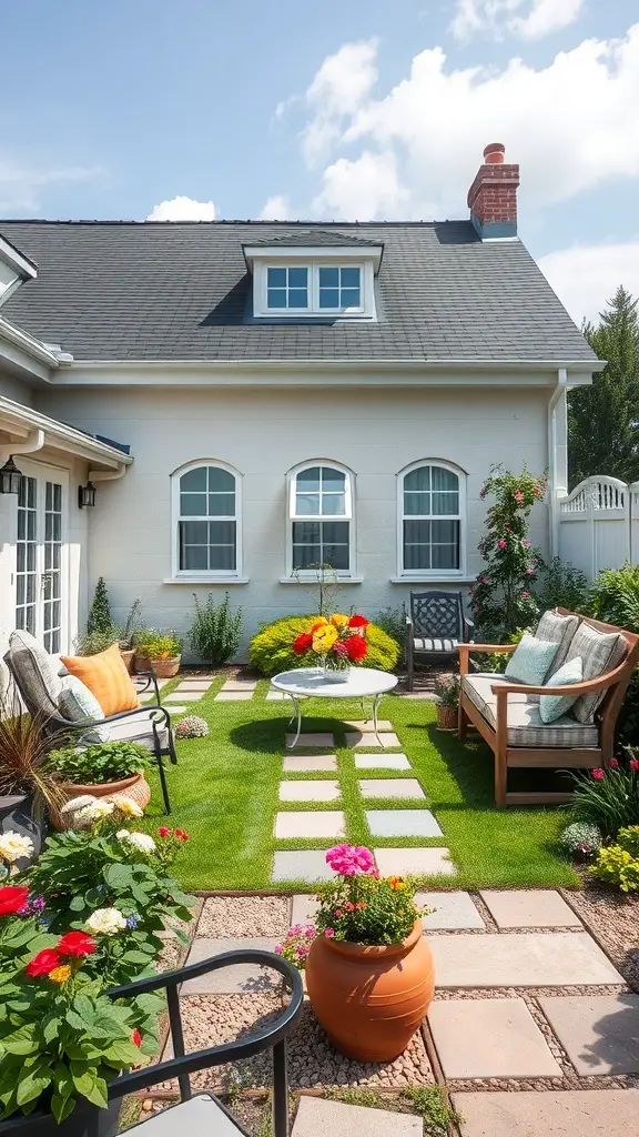 A cozy front garden with seating areas, featuring a circular table, chairs, and colorful flowers.