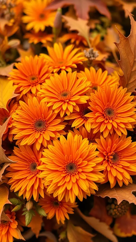 A vibrant autumn floral arrangement featuring bright orange flowers and fallen leaves.