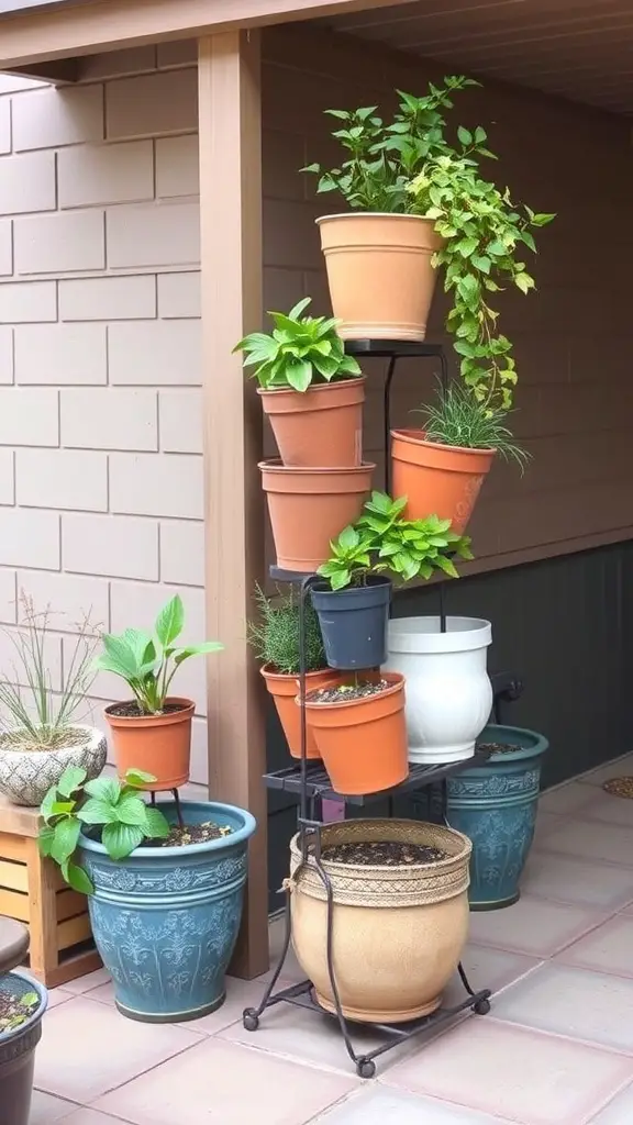 A tiered container garden with various plants in stacked pots.
