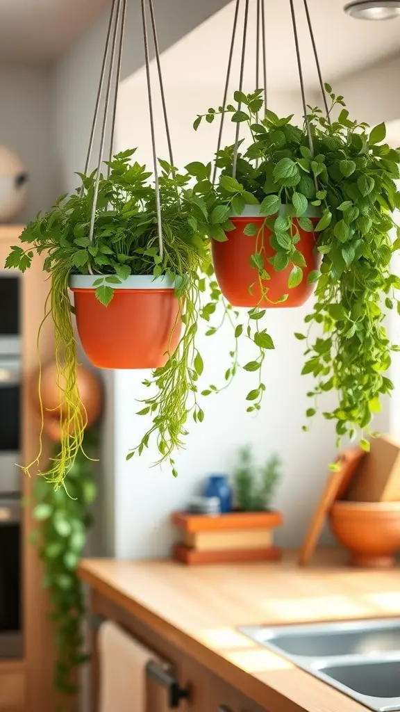 Indoor hanging herb garden with vibrant green plants in orange pots