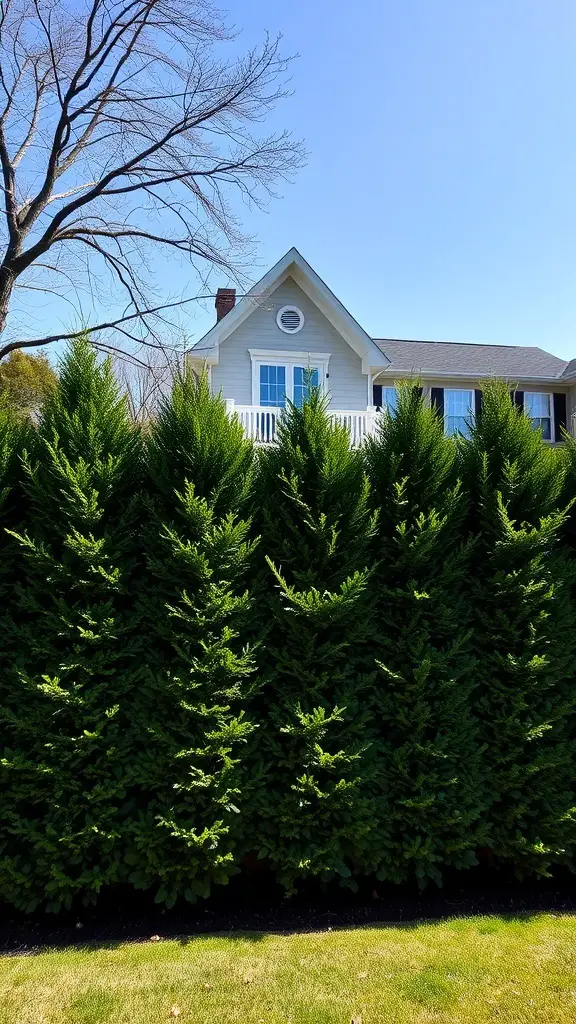 A tall, green hedge in front of a house, providing privacy and structure.