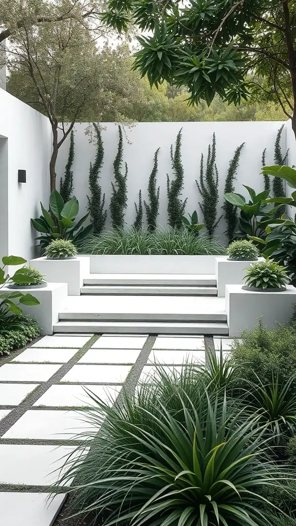 A modern minimalist garden featuring white walls, stone steps, and lush greenery.