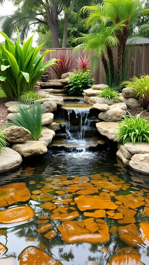 A beautiful backyard water feature with a waterfall and pond surrounded by lush plants.