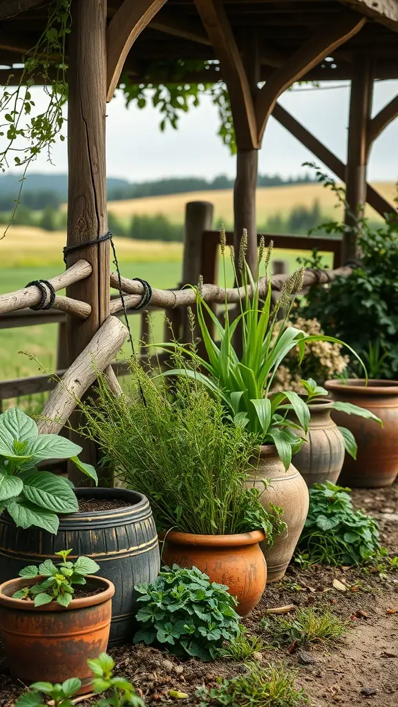 A rustic herb garden with wooden pots and various herbs growing around a wooden structure.