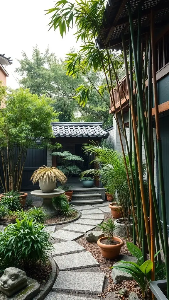 A serene zen garden featuring bamboo elements, stone pathways, and lush greenery.