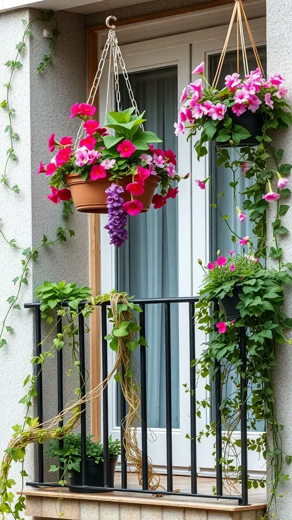 A small balcony garden featuring colorful hanging baskets filled with flowers and cascading vines.