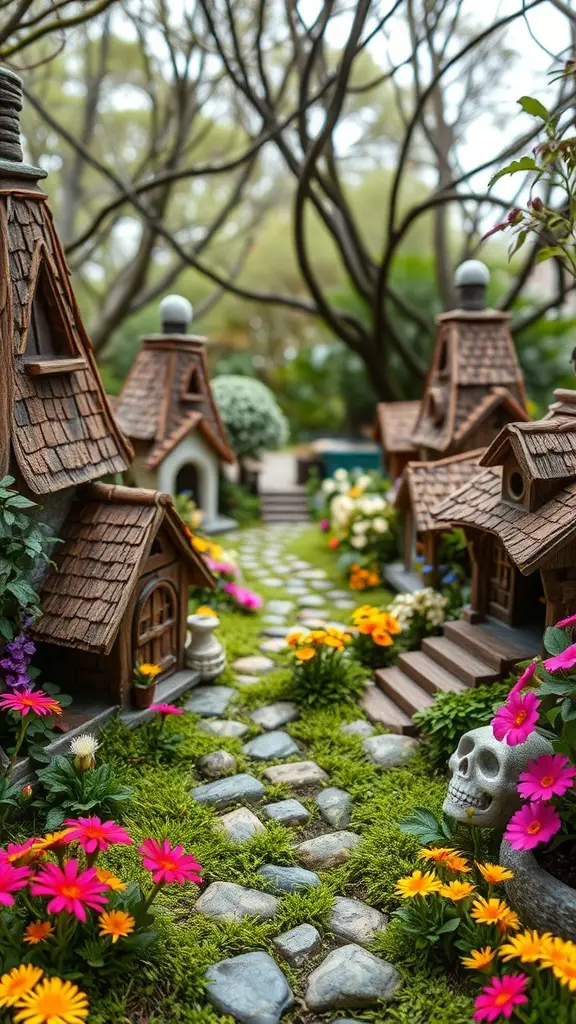 A whimsical fairy garden featuring tiny houses, colorful flowers, and a stone pathway.